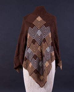 Studio Discovery Tour artist Maureen Feldman: Mitered shawl: Shawl in brown, cream and pale blue, mitered squares on back and edges
