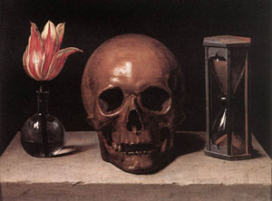 Philippe de Champaigne's Vanitas (c. 1671) is reduced to three essentials: Life, Death, and Time